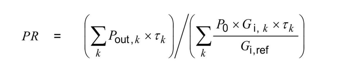 Equation showing the standard IEC 61724-1 performance ratio formulation