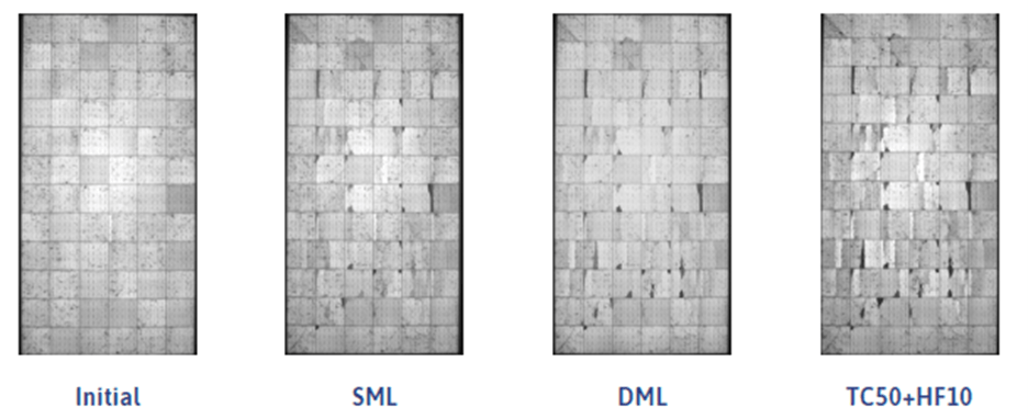 Sequence of EL images at Initial, SML, DML and TC50+HF10 stages of the mechanical loading test