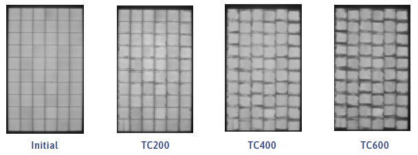 Sequence of EL images at Initial, TC200, TC400 and TC600 stages of thermal cycling, showing increasing cell degradation