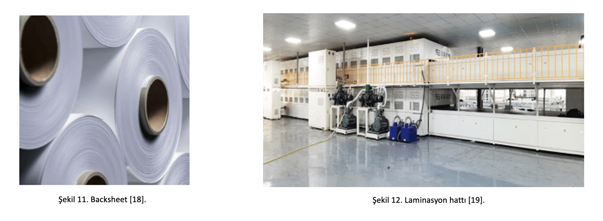Figure 11 shows rolls of backsheet material; Figure 12 shows the lamination line