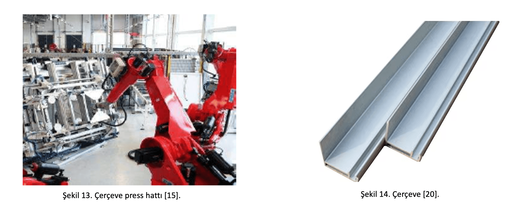 Figure 13 shows robotic arms on the frame press line; Figure 14 shows aluminum frame profiles