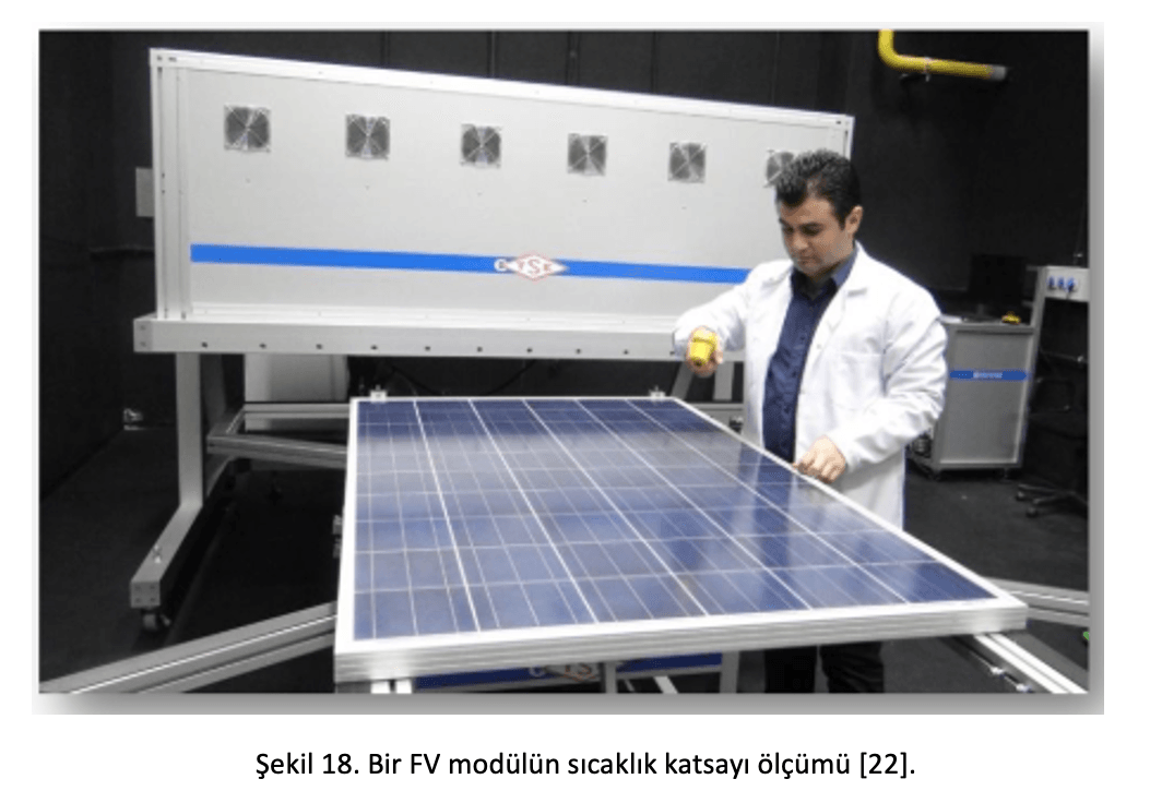 Figure 18 shows a technician measuring a PV module's temperature coefficient with a handheld device