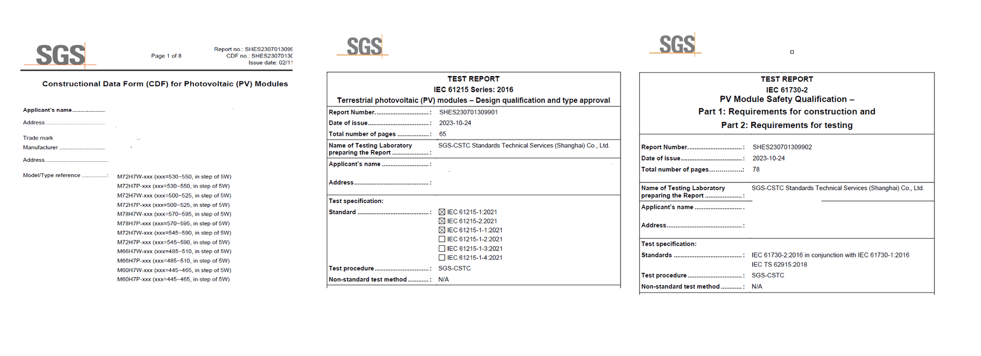 A Constructional Data Form (CDF) page for PV modules alongside two SGS test report cover pages