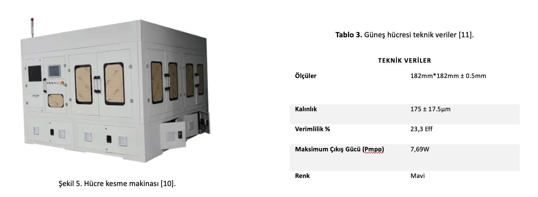 Figure 5 shows a cell-cutting machine; Table 3 lists the solar cell's technical data