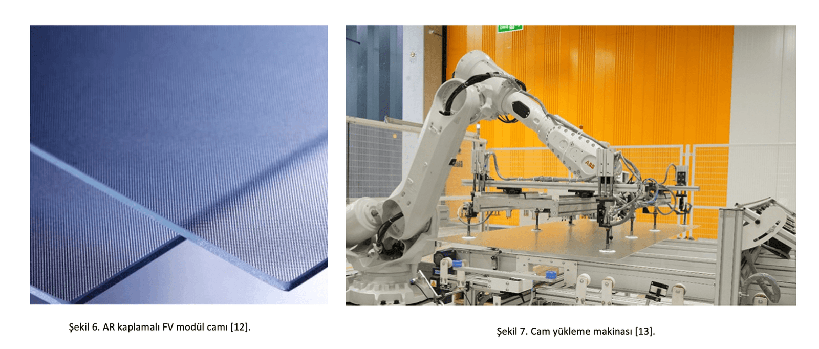 Figure 6 shows a close-up of AR-coated PV module glass; Figure 7 shows a robotic glass-loading machine