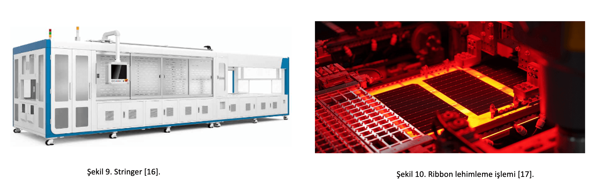 Figure 9 shows a stringer machine; Figure 10 shows the ribbon soldering process in a red-toned image