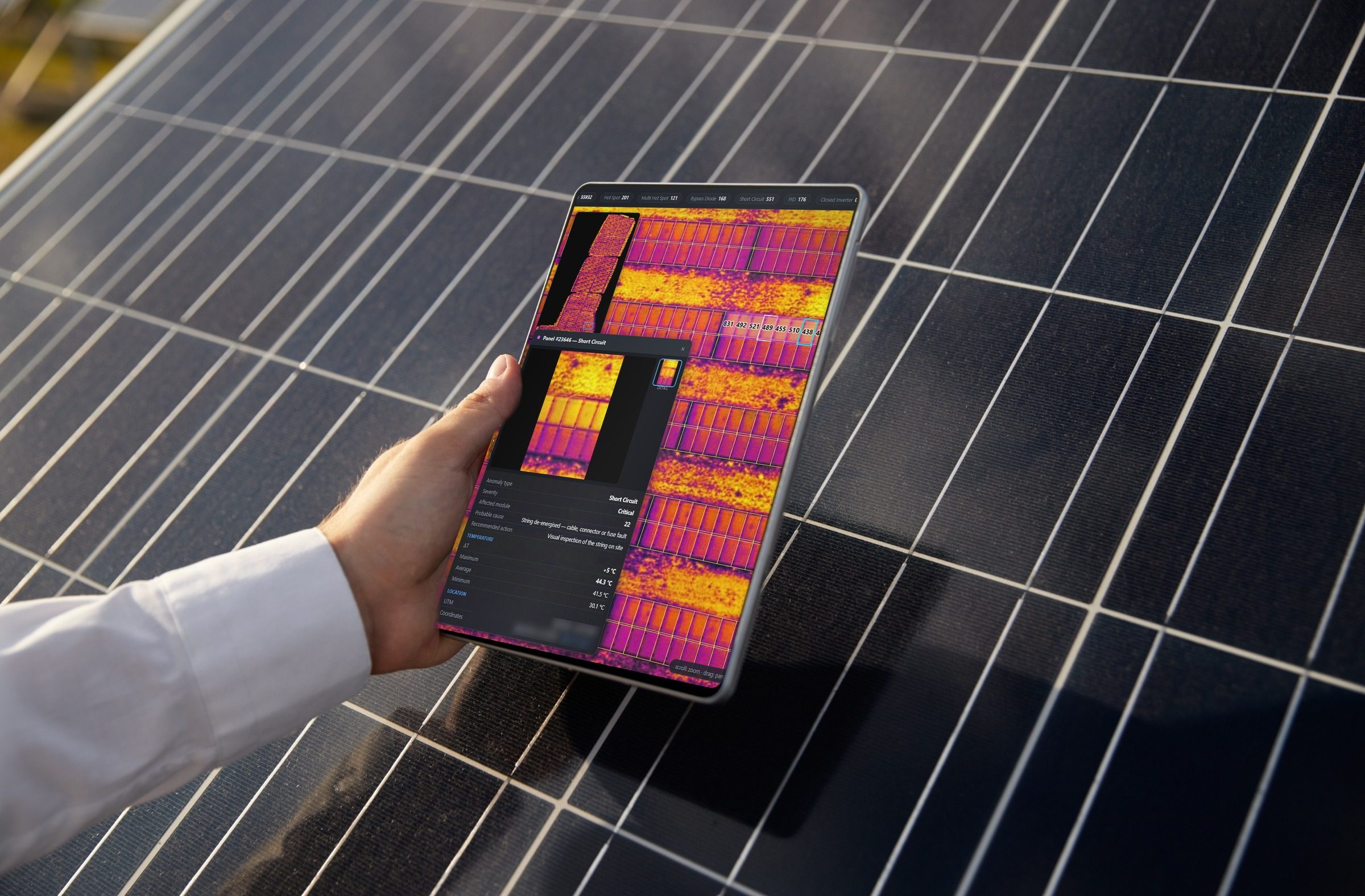 A hand holding a tablet in front of a solar module; the screen shows Solarian's thermal inspection system with numbered modules and a short-circuit anomaly open in a detail panel