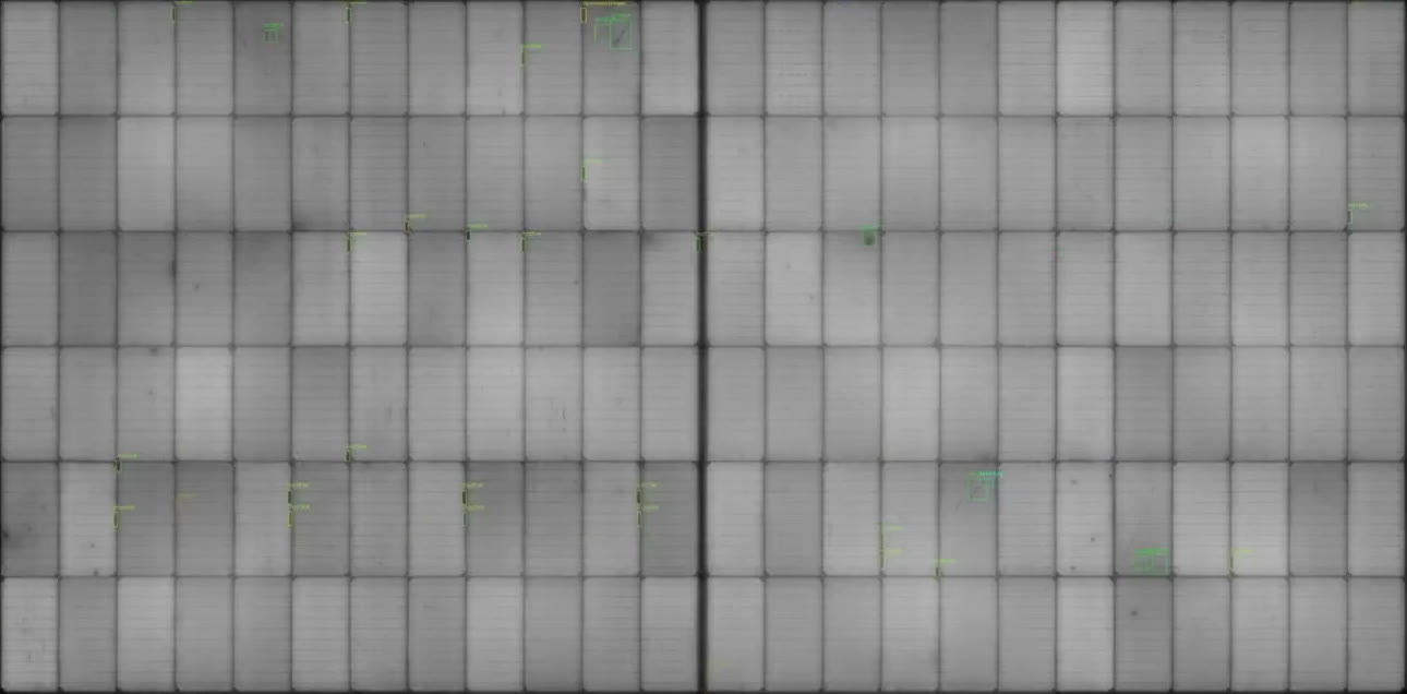 An electroluminescence image of a solar module in Solarian's EL analysis tool, with detected cell defects outlined