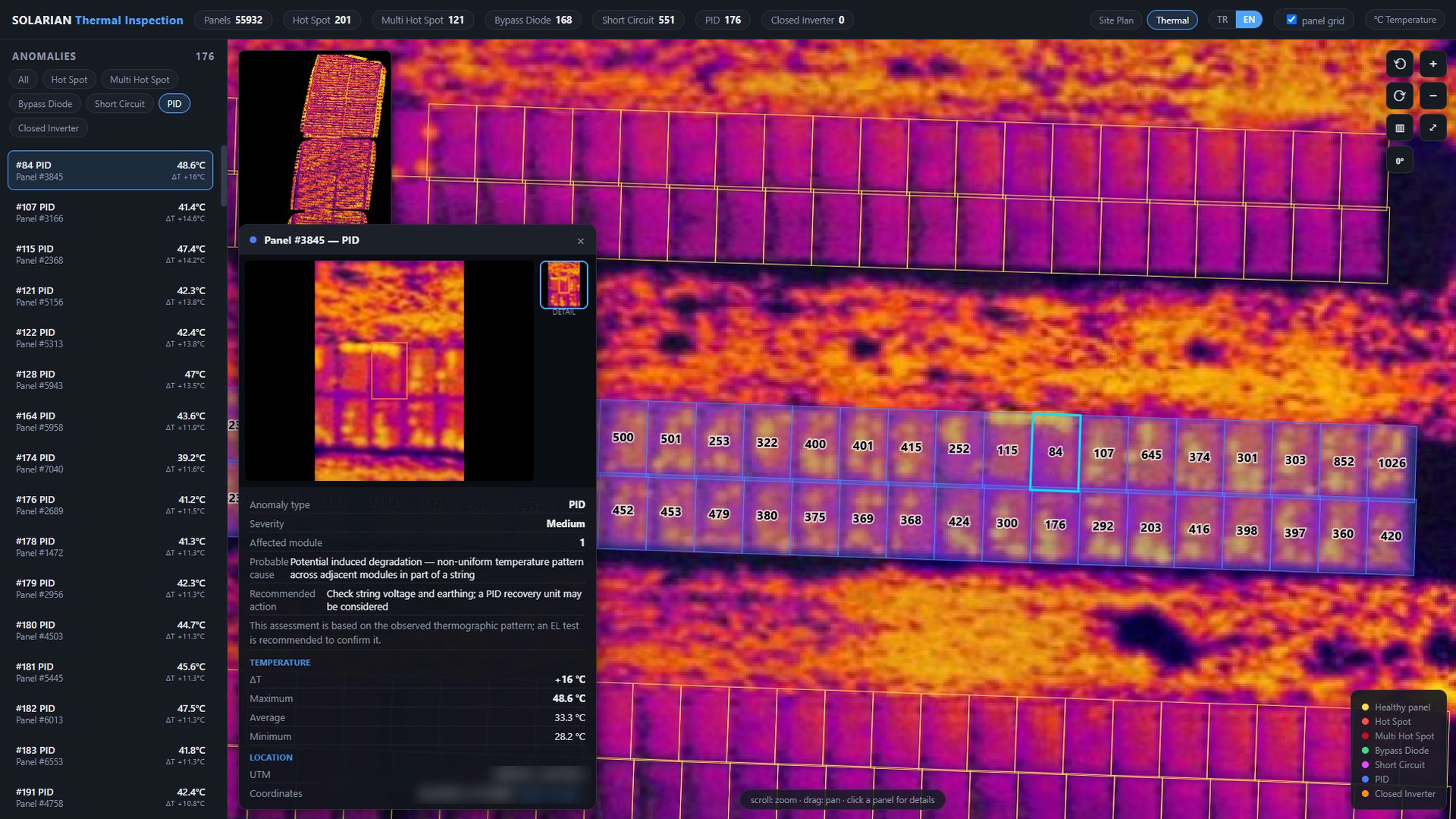Thermal orthomosaic of a solar plant with each module numbered and a PID anomaly opened in a detail panel showing its temperatures and recommended action