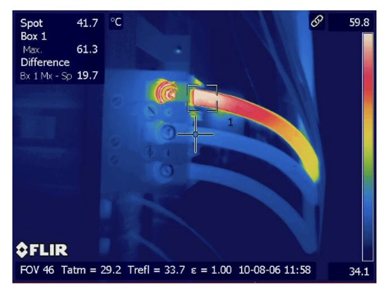 Pano içindeki elektik kablo bağlantısının yüksek sıcaklığını gösteren bir termal görüntü.